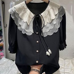 Dames Blouses Europees Zwart Zijdeachtig Shirt Korte mouw 2023 Zomer Leeftijdverlagend Zoet Kanten Pop-hals Contrasterende kleur Blouse Top