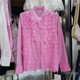 Damesblouses Europese Mode Bloemblaadje Shirt Dames 2024 Herfst Top Zware Industrie Laag Driedimensionale Bloemblaadjes Gesp Lange Mouw Blouse