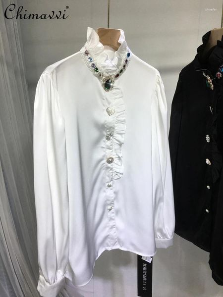 Blans des femmes Europe Goods lourds chemises Fashion Sincall Sincall en bois French French Satin Long Sleeve Blouse Loose Elegant Tops