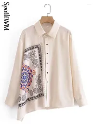 Blusas femininas estilo europeu assimétrico impressão camisa senhora único breasted manga longa 2023 primavera elegante temperamento topo