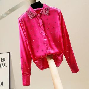 Blouses voor dames Europese stijl Spring Elegant Rose Red Blouse Fashion zware industrie Rapel Reve Regel Reged Shirt Lange Mouw Top