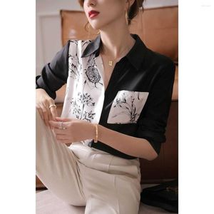 Blouses pour femmes EWSFV 2023 automne femmes chemise en soie à manches longues impression à l'encre haut de gamme couture noir et blanc mûrier