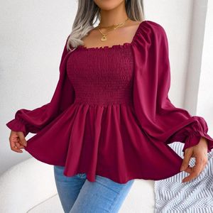 Blouses voor dames F 2023 vrouwen lente zomer casual vierkante nek massief kleur met lange mouwen chiffon shirt houten oren tops voor mode