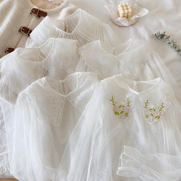 Chemisiers pour femmes chemise en maille féerique filles douces à volants col de poupée haut en Tulle blanc 2023 lâche mince été à manches longues pure femmes Blouse