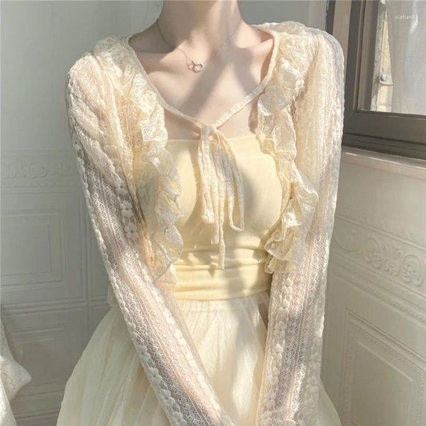 Blouses Fairy Fairy Summer Lace Shirt Boho Style mince See-Through Long Mancoved Tops Robe Suspender Matching Sheer SHAWl Cardigan