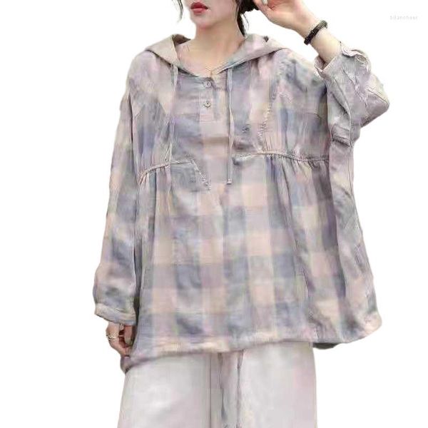 Chemisiers pour femmes FairyNatural British Design Casual Plaid Dames Grande Taille Rétro À Capuche Lâche Femmes Chemises Vêtements Élégants Automne Printemps