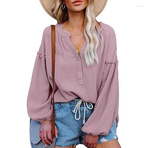 Women's Blouses Fall 2023 Dames Kleding Paarse bovenste button Up Shirt Solid Casual V-Neck Long Lantern Sleeve shirts