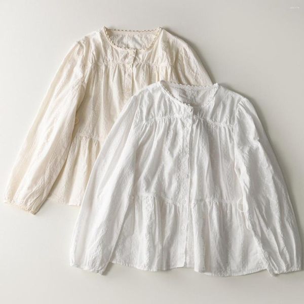 Blusas de mujer Otoño Algodón Manga larga abullonada Bordado Encaje Babydoll Túnica Camisa Vintage Victorian Edwardian Beautifull Classy White Blusa