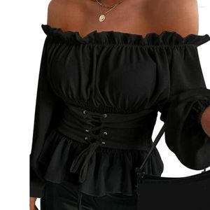 Damesblouses Herfstoverhemd Damesblouse Schouderloos Shirring Ruffle Ruglooze Strakke taille Vetersluiting Lange Lantaarnmouwen Effen Kleur Lady Top