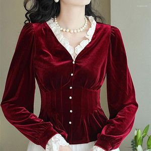 Damesblouses Herfst Lente Dames Vintage Ruches Lantaarnmouwen Wijnrood Zwart Fluwelen Blouse Tops Vrouw Slanke Kant Patchwork Velours