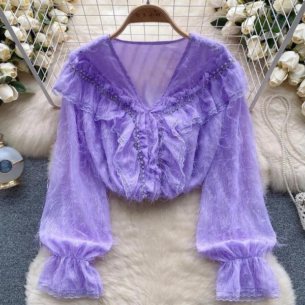 Blouses Femmes Automne Hiver 2023 Français Vintage Light Luxury Diamonds Plume Design Top Femme Bubble Sleeve Shirt Blouse Femme Blusas