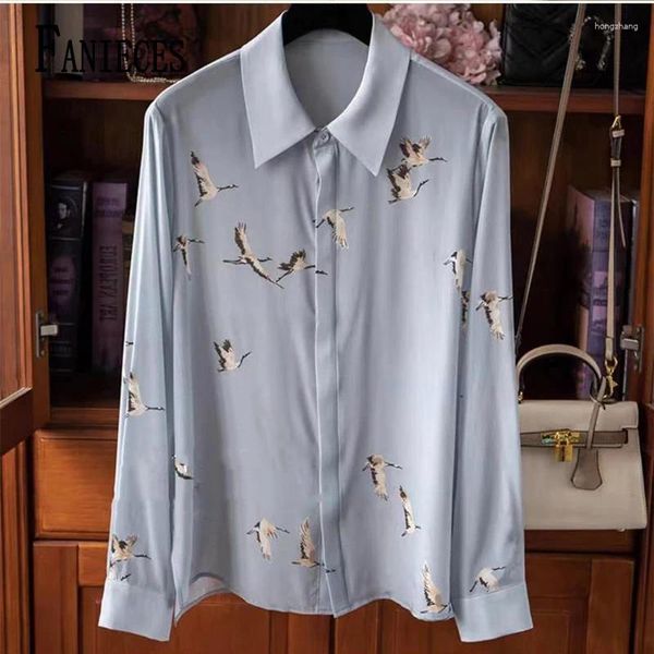 Blouses Femmes Fanieces élégant élégant col rabattu bleu manches longues chemises en satin mode femme vintage chemisier bureau dame hauts