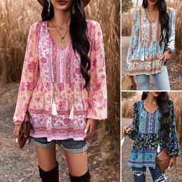 Damesblouses Fantasie bloemenprint damesoverhemd herfst/winter casual overhemd kantoorvrouwen met bohemien vakantietop jurk met V-hals en lange mouwen 231209