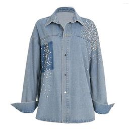 Damesblouses Mode 2024 Lente Dames Turn-down Kraag Lange Mouw Zware Industrie Diamanten Geborduurde Flares Vintage Los Denim Overhemd