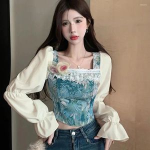 Blouses pour femmes Fashion 3D Flower Shirt for Women Retro Lace Square Neck Jacquard Blouse dames Automne / Hiver Long Bubble Sleeve Tops