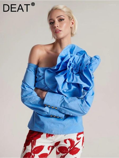 Chemisier bleu à fleurs tridimensionnelles 3D pour femmes, chemise à col diagonal, épaules dénudées, manches longues, printemps 2024