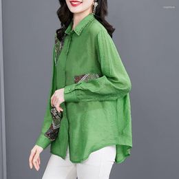 Women's Blouses Fashion Beading revers Splited Gedrukte knop Midi Oversized Shirt 2022 Pendement Tops Loose Dameskleding Casual blouse