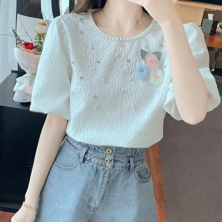 Predecesor Hacer las tareas domésticas Criatura Blusas Para Mujeres Fashion Beading Chiffon Chiffon Camiseta Ropa Para  Mujeres 2023 Summer Elegante Flores 3D Puff Manga Casual Blusa Blanca De  15,51 € | DHgate