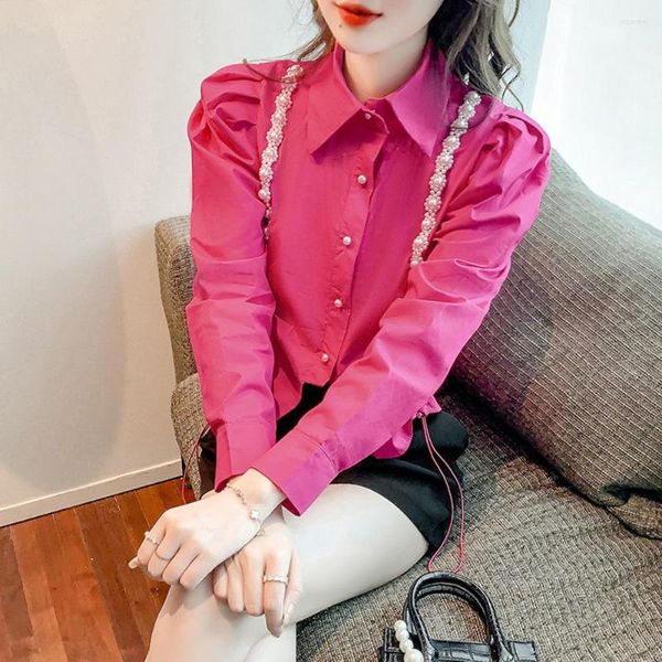 Chemisiers pour femmes Mode Perles Rose Chemise Rouge Femmes Printemps Automne Élégant Manches Bouffantes Cordon Crop Tops Dames Solide Couleur Blusas