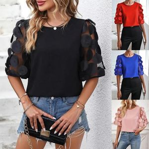 Blouses pour femmes Blouse de mode d'été à manches courtes décontractées simples simples de lacet noir chemises haut de gamme en maille pour femmes blusas