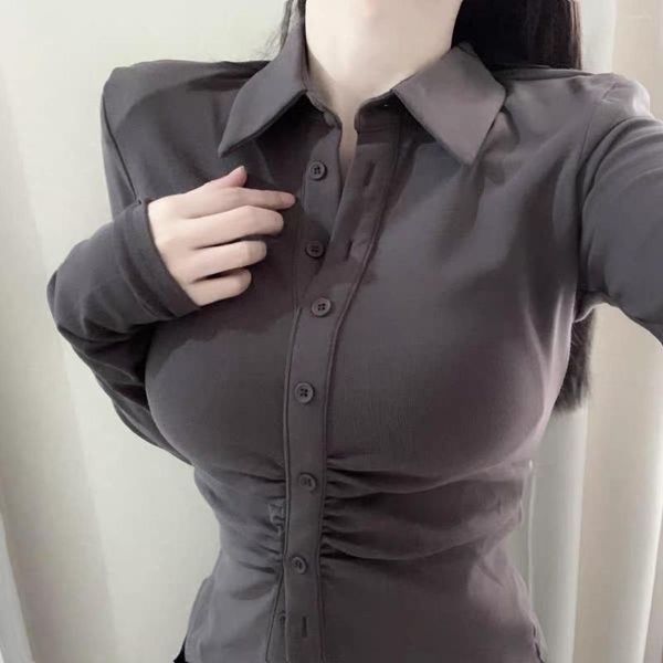 Blusas de mujer Blusa de moda Mujer Camisas delgadas Camisa corta de sexo sólido Cuello vuelto de un solo pecho Señora Top de manga larga con botones
