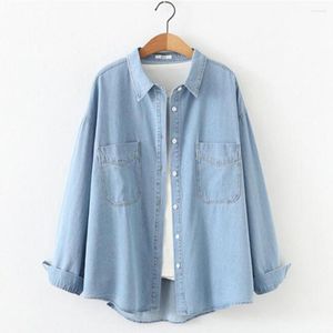 Blouses pour femmes mode Blouse femmes à manches longues solide Denim automne chemise femme bouton revers haut bureau Jean tunique Blusas Femininas