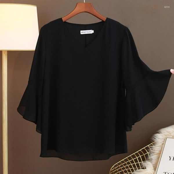 Blouses pour femmes marque de mode été à manches courtes en mousseline de soie chemise col en V haut grande taille lâche décontracté femmes petites et belles