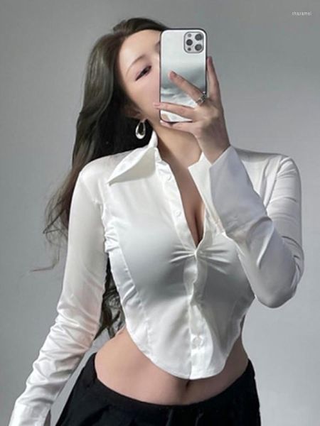 Blouses Femmes Mode Bouton Satin Soie Chemise Vintage Blouse Femmes Noir Blanc Dame Manches Longues Femme Sexy Recadrée Chemises Courtes Tops