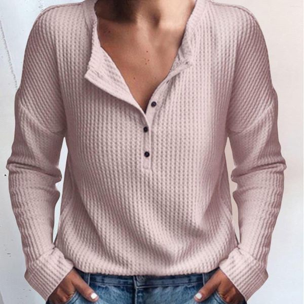 Chemisiers pour femmes mode bouton col en V T-Shirt automne à manches longues dames habillées hauts décontractés cacher le ventre tunique ample chemises Henley