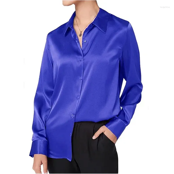 Blusas de mujer Fashion Casual Blue Silk Shirt Buttons Office Work Buttons Basic Satin Top Manga larga Camisas sueltas para mujeres Blusas 24657