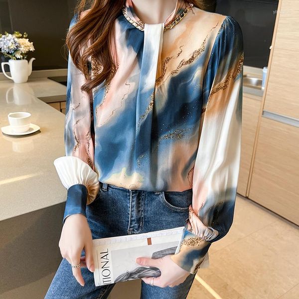 Chaîne de mode des femmes Vintage Femmes imprimées Ladies Chemises 2023 Printemps Summer O-Neck Long Satin Tops Elegant Mujer Blusas