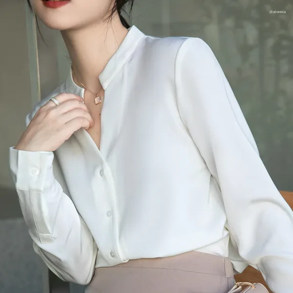 Blusas de mujer Gasa de moda para mujer Ropa Camisas de manga larga blancas Hembras Tops sólidos elegantes Botón con cuello en V Señoras de oficina