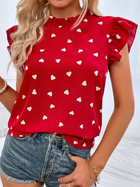 Blusas de mujer, camisa de mujer con estampado de gasa a la moda, blusa informal de manga corta con volantes, blusa y camisas elegantes rosas para mujer, verano 2023