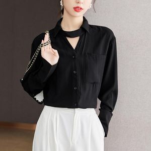 Blusas de mujer Ropa de moda OL Mujer Camisa de manga larga Vintage Elegante Negro Blusa de gasa delgada Oficina Señoras Tops formales