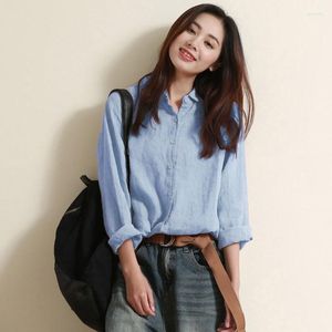 Damesblouses Mode Katoenen linnen overhemden Dames Effen Losse casual blouse met lange mouwen Oversized vrouwelijke kleding Turn-down kraag Knop omhoog