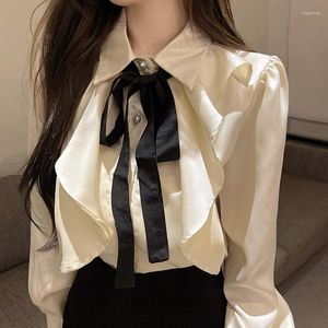 Dames blouses mode elegante boog blanke vrouw Koreaanse stijl lange mouw shirt kantoor dames blusas de mujer lente herfst tops vrouwen