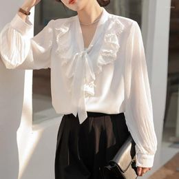 Blusas femininas moda elegante bowknot camisas brancas mulheres primavera manga longa com decote em v babados lanterna chiffon tops
