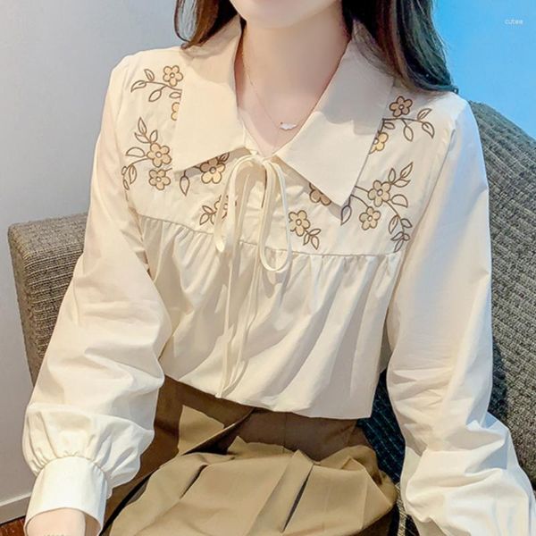 Blouses pour femmes Mode élégante mousseline de soie pour femmes vêtements broderie chemises à manches longues lanterne solide épissé bureau dames hauts