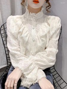 Blouses pour femmes Fashion Elegant Lace Ruffle Blouse Femmes Long SHIFTES LOBE CHIRTS COREAN COLLOR COLLAIR PLAIS TOPS 15832