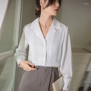 Blouses Femmes Mode Élégant Bureau Lady Blouse Femmes Casual Blanc Vert Chemise Col À Revers À Manches Longues Style Coréen Botton Femme Top