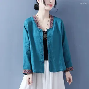 Blouses pour femmes Fashion Broidered Cotton Linen Shirt 2024 Printemps d'été automne au manteau de chemisier court