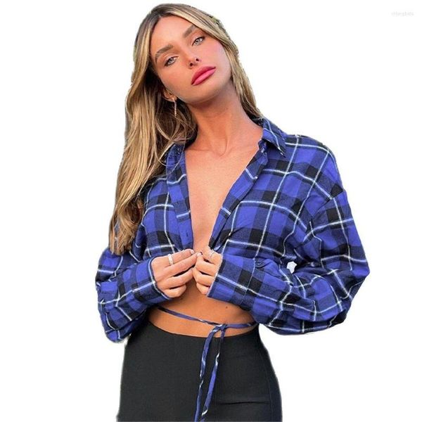 Blusas de mujer Moda Europa-EE. UU. Blusa de estilo vintage Mujeres POLO Cuello a cuadros Sexy Ombligo expuesto con cordones Manga larga Camisas cortas delgadas