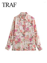 Blusas de mujer Fashion Floral Impresión Vintage Decoración de la solapa de decoración de la solapa Femenina Femenina Femenina Copia elegante Tops