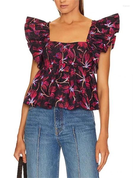 Blusas de mujer Moda Estampado floral Blusa de algodón para mujer Cuello cuadrado Manga voladora Camisa y blusas elegantes con volantes para primavera 2024