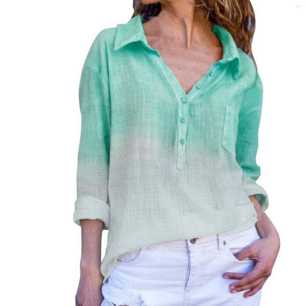 Blusas de mujer Moda Color degradado Blusa de mujer 2023 Camisas de manga larga de lino de algodón vintage y elegante camisa de vestir con solapa Blusas
