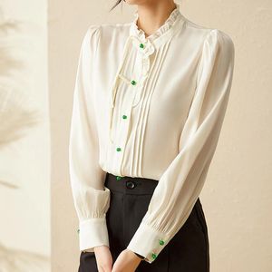 Blusas de mujer moda de alta calidad estilo chino mujeres 2023 otoño Chic botones pliegues camisas delgadas de manga larga Tops básicos de invierno