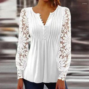 Women's Blouses Fashion Hollow Out Woman Lace Blosue Lange mouwtops V Hals Solid geplooide Vintage Vrouwen Casual Slim White Shirt 24815