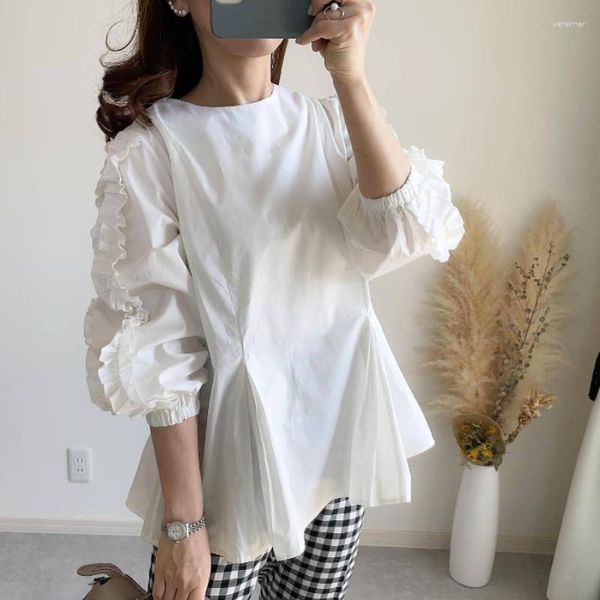 Chemisiers pour femmes Mode Ins Patchwork Chemises Blanc Japonais Col Rond Tops Chemise Lâche Printemps Vêtements Élégants