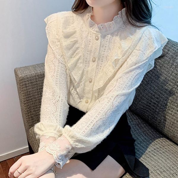 Blouses Femmes Mode coréenne Blouse femmes Blusas col montant chemises en mousseline de soie à manches longues volants dentelle Vintage élégant Femme hauts noir