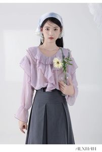Damesblouses Mode Koreaans Chic Design Ronde Hals Chiffon Shirts Lange Mouw Paarse Ruches Kant Vintage Elegante Femme Tops